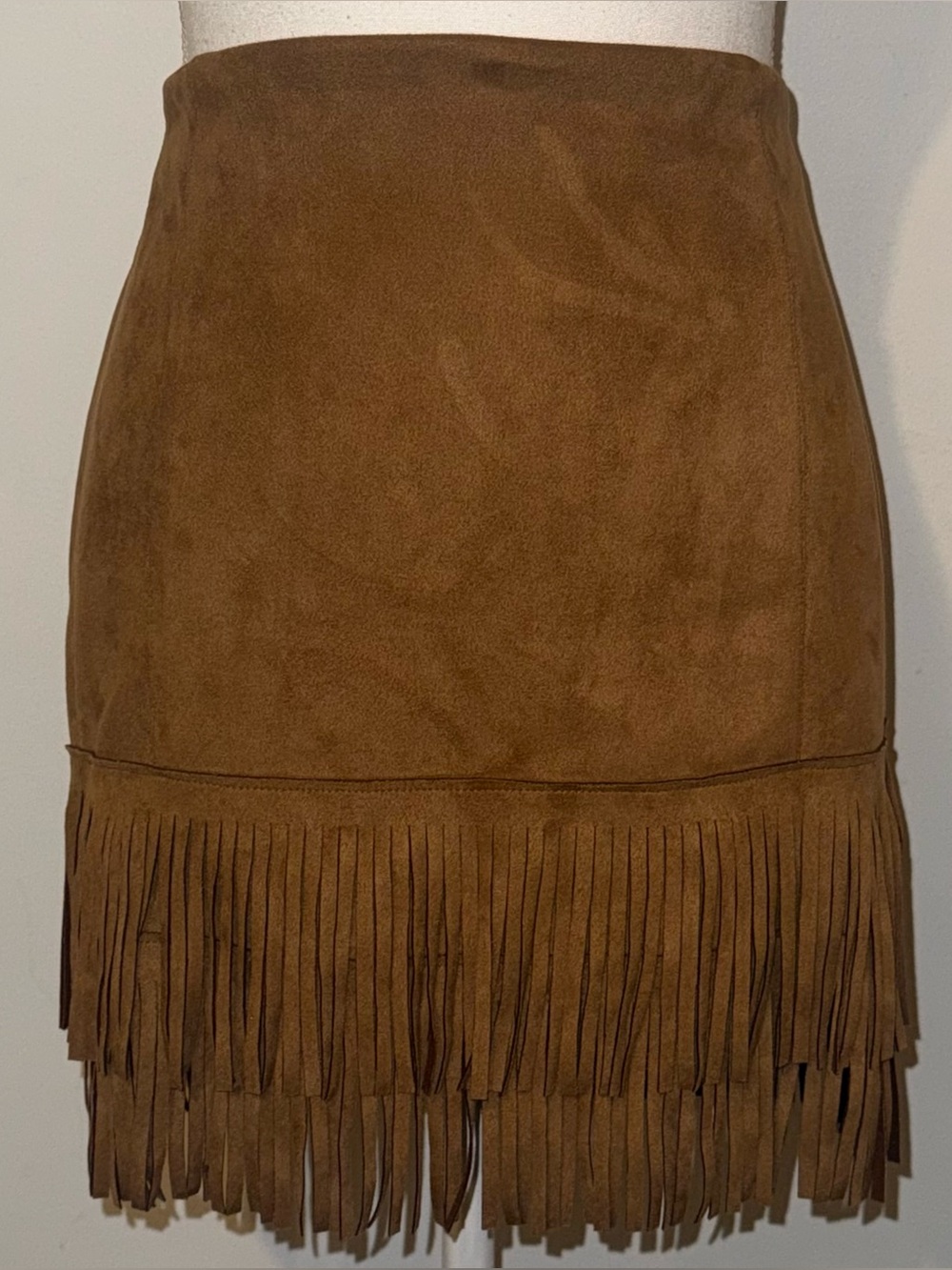 Faux Suede Fringe Mini Skirt Brown Size L